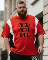 Big & Tall Men's Black And Red Colorblock GOD GOT ME Alphabet Print Round Neck Short Sleeve T-Shirt Shorts Suit